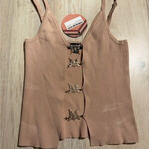 Butterfly Embellished Ribbed Camisole in Tan